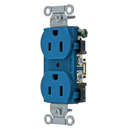 Hubbell BR15BL, Commercial Grade Duplex Receptacles, Smooth Face, Back and Side Wired, 15A 125V, 5-15R, 2-Pole 3-Wire Grounding, Blue