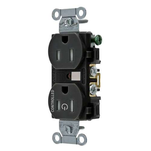 Hubbell BR15C1BLKTR, Permanently Marked Duplex Receptacles, Tamper Resistant, Commercial Grade, One Controlled Face, Split Circuit Hot Tab, Back and Side Wired, 15A 125V, 5-15R, 2-Pole 3-Wire Grounding, Black