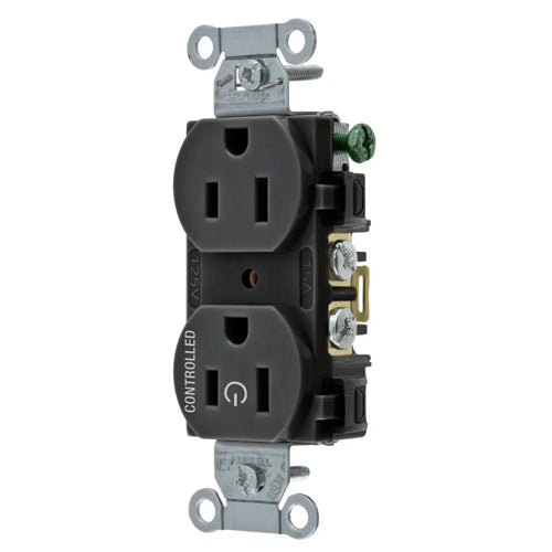 Hubbell BR15C1BLK, Permanently Marked Duplex Receptacles, Commercial Grade, One Controlled Face, Split Circuit Hot Tab, Back and Side Wired, 15A 125V, 5-15R, 2-Pole 3-Wire Grounding, Black