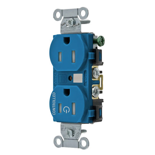 Hubbell BR15C1BLTR, Permanently Marked Duplex Receptacles, Tamper Resistant, Commercial Grade, One Controlled Face, Split Circuit Hot Tab, Back and Side Wired, 15A 125V, 5-15R, 2-Pole 3-Wire Grounding, Blue