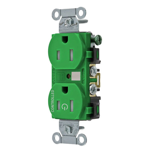 Hubbell BR15C1GNTR, Permanently Marked Duplex Receptacles, Tamper Resistant, Commercial Grade, One Controlled Face, Split Circuit Hot Tab, Back and Side Wired, 15A 125V, 5-15R, 2-Pole 3-Wire Grounding, Green