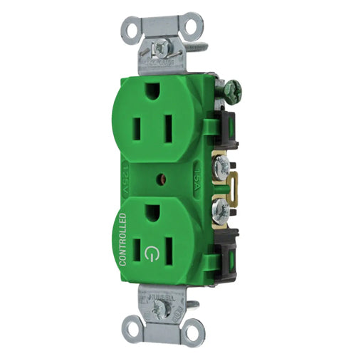 Hubbell BR15C1GN, Permanently Marked Duplex Receptacles, Commercial Grade, One Controlled Face, Split Circuit Hot Tab, Back and Side Wired, 15A 125V, 5-15R, 2-Pole 3-Wire Grounding, Green