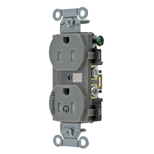 Hubbell BR15C1GRYTR, Permanently Marked Duplex Receptacles, Tamper Resistant, Commercial Grade, One Controlled Face, Split Circuit Hot Tab, Back and Side Wired, 15A 125V, 5-15R, 2-Pole 3-Wire Grounding, Gray