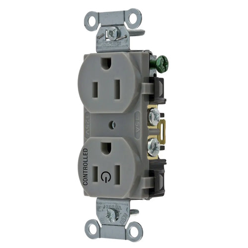 Hubbell BR15C1GRY, Permanently Marked Duplex Receptacles, Commercial Grade, One Controlled Face, Split Circuit Hot Tab, Back and Side Wired, 15A 125V, 5-15R, 2-Pole 3-Wire Grounding, Gray