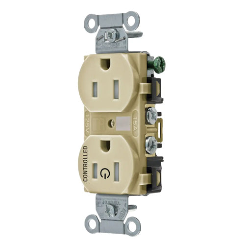 Hubbell BR15C1ITR, Permanently Marked Duplex Receptacles, Tamper Resistant, Commercial Grade, One Controlled Face, Split Circuit Hot Tab, Back and Side Wired, 15A 125V, 5-15R, 2-Pole 3-Wire Grounding, Ivory