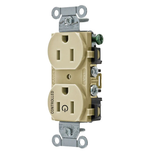 Hubbell BR15C1I, Permanently Marked Duplex Receptacles, Commercial Grade, One Controlled Face, Split Circuit Hot Tab, Back and Side Wired, 15A 125V, 5-15R, 2-Pole 3-Wire Grounding, Ivory