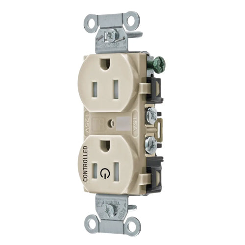 Hubbell BR15C1LATR, Permanently Marked Duplex Receptacles, Tamper Resistant, Commercial Grade, One Controlled Face, Split Circuit Hot Tab, Back and Side Wired, 15A 125V, 5-15R, 2-Pole 3-Wire Grounding, Light Almond