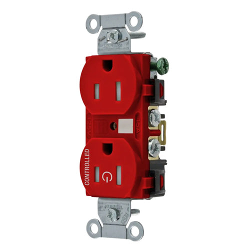 Hubbell BR15C1RTR, Permanently Marked Duplex Receptacles, Tamper Resistant, Commercial Grade, One Controlled Face, Split Circuit Hot Tab, Back and Side Wired, 15A 125V, 5-15R, 2-Pole 3-Wire Grounding, Red