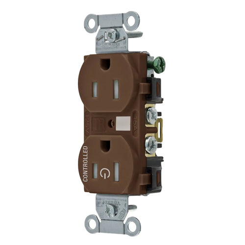 Hubbell BR15C1TR, Permanently Marked Duplex Receptacles, Tamper Resistant, Commercial Grade, One Controlled Face, Split Circuit Hot Tab, Back and Side Wired, 15A 125V, 5-15R, 2-Pole 3-Wire Grounding, Brown