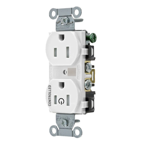 Hubbell BR15C1WHITR, Permanently Marked Duplex Receptacles, Tamper Resistant, Commercial Grade, One Controlled Face, Split Circuit Hot Tab, Back and Side Wired, 15A 125V, 5-15R, 2-Pole 3-Wire Grounding, White