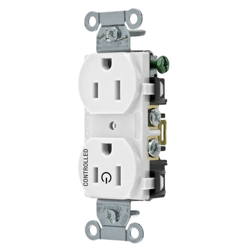 Hubbell BR15C1WHI, Permanently Marked Duplex Receptacles, Commercial Grade, One Controlled Face, Split Circuit Hot Tab, Back and Side Wired, 15A 125V, 5-15R, 2-Pole 3-Wire Grounding, White