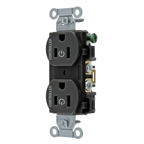 Hubbell BR15C2BLK, Permanently Marked Duplex Receptacles, Commercial Grade, Two Controlled Faces, Back and Side Wired, 15A 125V, 5-15R, 2-Pole 3-Wire Grounding, Black