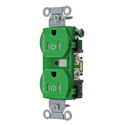 Hubbell BR15C2GNTR, Permanently Marked Duplex Receptacles, Tamper Resistant, Commercial Grade, Two Controlled Faces, Back and Side Wired, 15A 125V, 5-15R, 2-Pole 3-Wire Grounding, Green