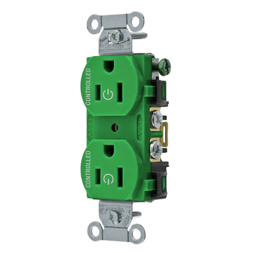 Hubbell BR15C2GN, Permanently Marked Duplex Receptacles, Commercial Grade, Two Controlled Faces, Back and Side Wired, 15A 125V, 5-15R, 2-Pole 3-Wire Grounding, Green