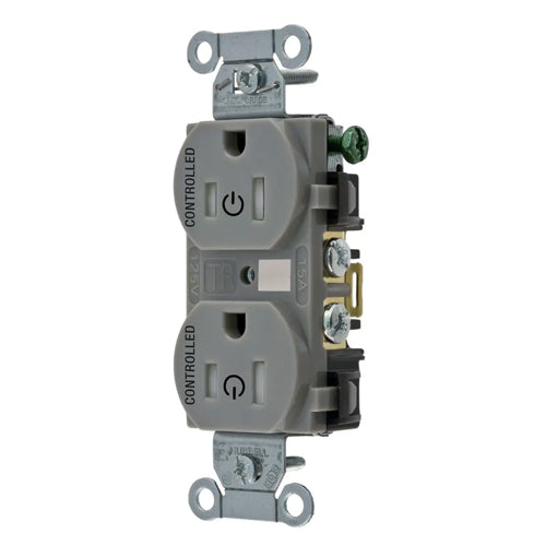 Hubbell BR15C2GRYTR, Permanently Marked Duplex Receptacles, Tamper Resistant, Commercial Grade, Two Controlled Faces, Back and Side Wired, 15A 125V, 5-15R, 2-Pole 3-Wire Grounding, Gray