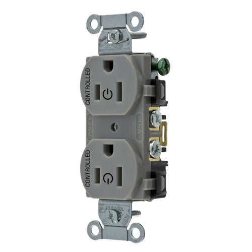 Hubbell BR15C2GRY, Permanently Marked Duplex Receptacles, Commercial Grade, Two Controlled Faces, Back and Side Wired, 15A 125V, 5-15R, 2-Pole 3-Wire Grounding, Gray