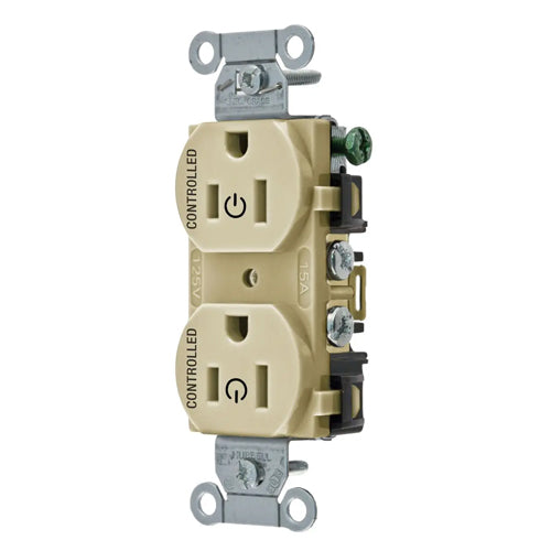 Hubbell BR15C2I, Permanently Marked Duplex Receptacles, Commercial Grade, Two Controlled Faces, Back and Side Wired, 15A 125V, 5-15R, 2-Pole 3-Wire Grounding, Ivory