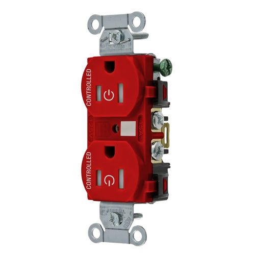 Hubbell BR15C2RTR, Permanently Marked Duplex Receptacles, Tamper Resistant, Commercial Grade, Two Controlled Faces, Back and Side Wired, 15A 125V, 5-15R, 2-Pole 3-Wire Grounding, Red