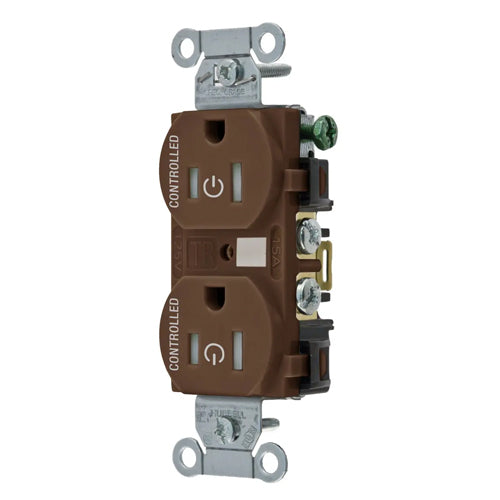 Hubbell BR15C2TR, Permanently Marked Duplex Receptacles, Tamper Resistant, Commercial Grade, Two Controlled Faces, Back and Side Wired, 15A 125V, 5-15R, 2-Pole 3-Wire Grounding, Brown