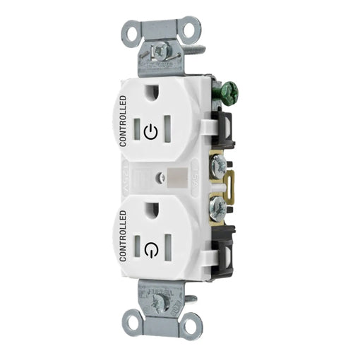 Hubbell BR15C2WHITR, Permanently Marked Duplex Receptacles, Tamper Resistant, Commercial Grade, Two Controlled Faces, Back and Side Wired, 15A 125V, 5-15R, 2-Pole 3-Wire Grounding, White