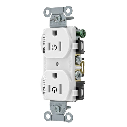 Hubbell BR15C2WHI, Permanently Marked Duplex Receptacles, Commercial Grade, Two Controlled Faces, Back and Side Wired, 15A 125V, 5-15R, 2-Pole 3-Wire Grounding, White