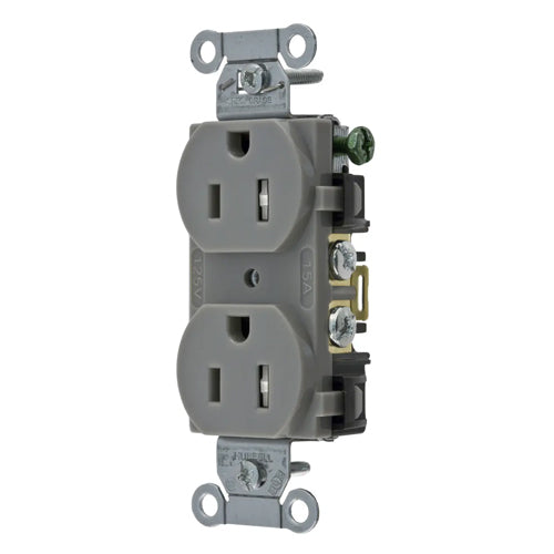 Hubbell BR15GRYTR, Commercial Grade Duplex Receptacles, Tamper Resistant, Smooth Face, Back and Side Wired, 15A 125V, 5-15R, 2-Pole 3-Wire Grounding, Gray