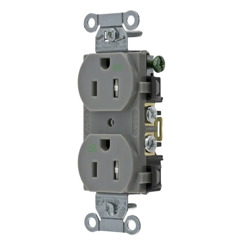 Hubbell BR15GRYWRTR, Commercial Grade Duplex Receptacles, Weather and Tamper Resistant, Smooth Face, Back and Side Wired, 15A 125V, 5-15R, 2-Pole 3-Wire Grounding, Gray