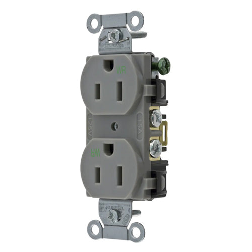 Hubbell BR15GRYWR, Commercial Grade Duplex Receptacles, Weather Resistant, Smooth Face, Back and Side Wired, 15A 125V, 5-15R, 2-Pole 3-Wire Grounding, Gray