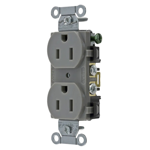 Hubbell BR15GY, Commercial Grade Duplex Receptacles, Smooth Face, Back and Side Wired, 15A 125V, 5-15R, 2-Pole 3-Wire Grounding, Gray