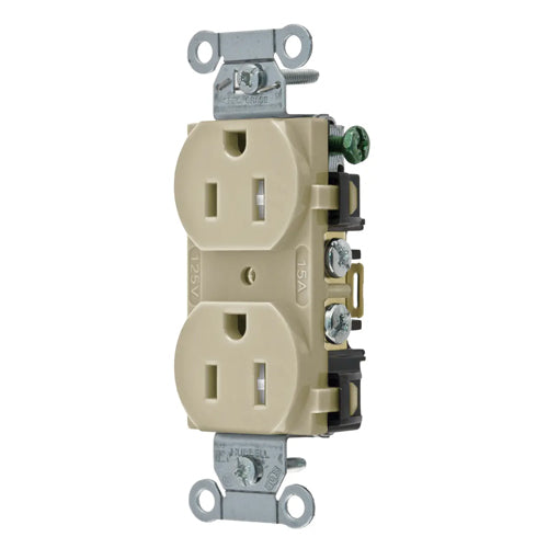 Hubbell BR15ITR, Commercial Grade Duplex Receptacles, Tamper Resistant, Smooth Face, Back and Side Wired, 15A 125V, 5-15R, 2-Pole 3-Wire Grounding, Ivory