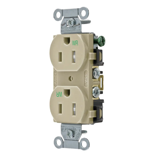 Hubbell BR15IWRTR, Commercial Grade Duplex Receptacles, Weather and Tamper Resistant, Smooth Face, Back and Side Wired, 15A 125V, 5-15R, 2-Pole 3-Wire Grounding, Ivory