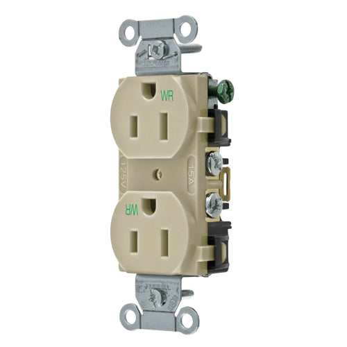 Hubbell BR15IWR, Commercial Grade Duplex Receptacles, Weather Resistant, Smooth Face, Back and Side Wired, 15A 125V, 5-15R, 2-Pole 3-Wire Grounding, Ivory