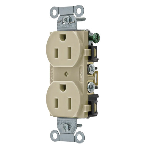 Hubbell BR15I, Commercial Grade Duplex Receptacles, Smooth Face, Back and Side Wired, 15A 125V, 5-15R, 2-Pole 3-Wire Grounding, Ivory