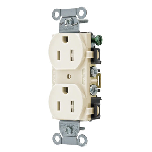 Hubbell BR15LATR, Commercial Grade Duplex Receptacles, Tamper Resistant, Smooth Face, Back and Side Wired, 15A 125V, 5-15R, 2-Pole 3-Wire Grounding, Light Almond