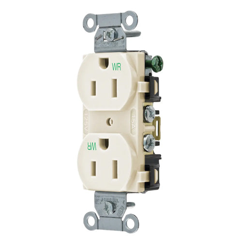 Hubbell BR15LAWR, Commercial Grade Duplex Receptacles, Weather Resistant, Smooth Face, Back and Side Wired, 15A 125V, 5-15R, 2-Pole 3-Wire Grounding, Light Almond