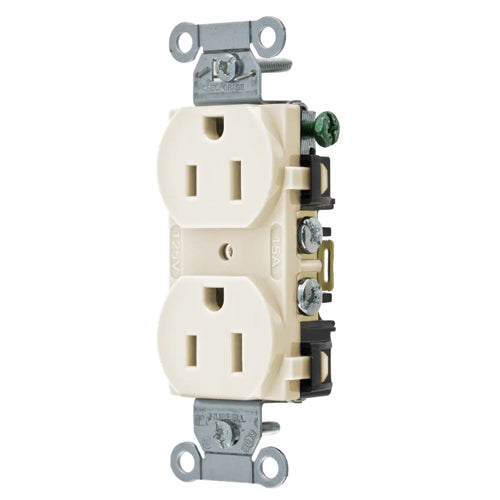 Hubbell BR15LA, Commercial Grade Duplex Receptacles, Smooth Face, Back and Side Wired, 15A 125V, 5-15R, 2-Pole 3-Wire Grounding, Light Almond