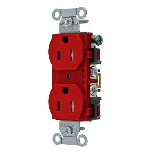 Hubbell BR15RTR, Commercial Grade Duplex Receptacles, Tamper Resistant, Smooth Face, Back and Side Wired, 15A 125V, 5-15R, 2-Pole 3-Wire Grounding, Red