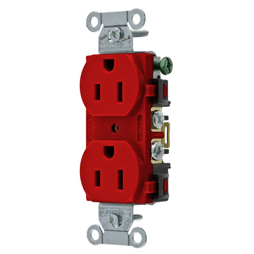 Hubbell BR15R, Commercial Grade Duplex Receptacles, Smooth Face, Back and Side Wired, 15A 125V, 5-15R, 2-Pole 3-Wire Grounding, Red