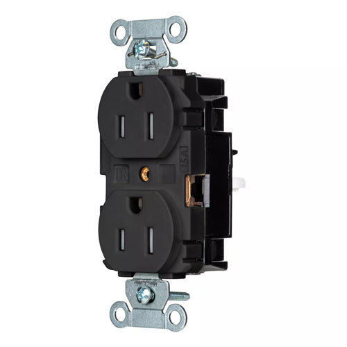 Hubbell BR15STBKTR, EdgeConnect Commercial Grade Duplex Receptacles, Tamper Resistant, Smooth Face, Screwless Terminal, 15A 125V, 5-15R, 2-Pole 3-Wire Grounding, Black