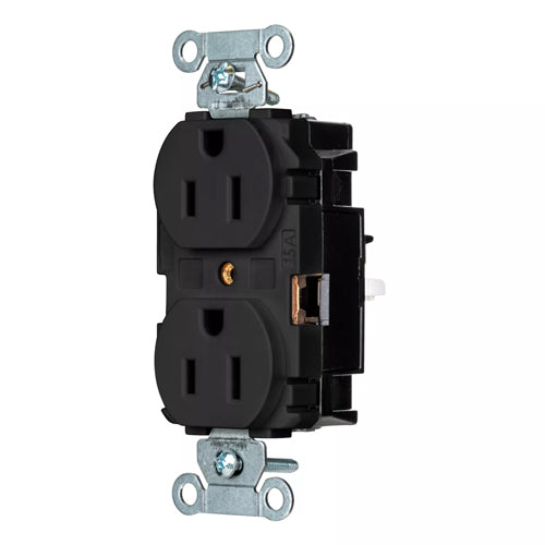 Hubbell BR15STBK, EdgeConnect Commercial Grade Duplex Receptacles, Smooth Face, Screwless Terminal, 15A 125V, 5-15R, 2-Pole 3-Wire Grounding, Black