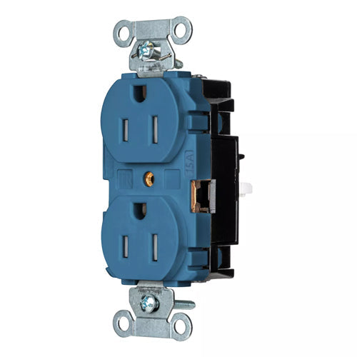 Hubbell BR15STBLTR, EdgeConnect Commercial Grade Duplex Receptacles, Tamper Resistant, Smooth Face, Screwless Terminal, 15A 125V, 5-15R, 2-Pole 3-Wire Grounding, Blue