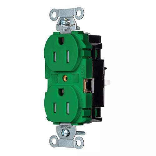 Hubbell BR15STGNTR, EdgeConnect Commercial Grade Duplex Receptacles, Tamper Resistant, Smooth Face, Screwless Terminal, 15A 125V, 5-15R, 2-Pole 3-Wire Grounding, Green