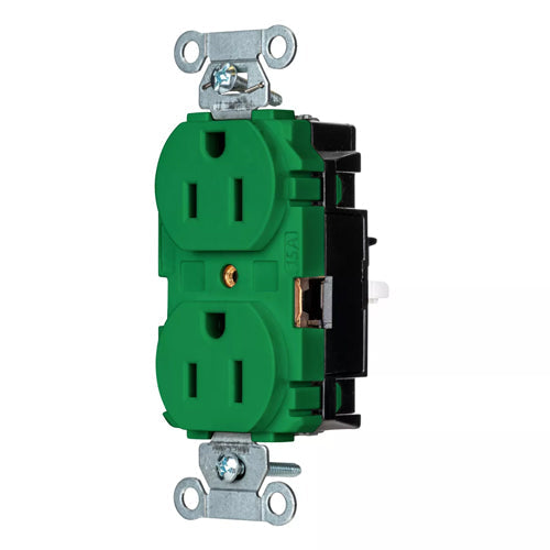 Hubbell BR15STGN, EdgeConnect Commercial Grade Duplex Receptacles, Smooth Face, Screwless Terminal, 15A 125V, 5-15R, 2-Pole 3-Wire Grounding, Green