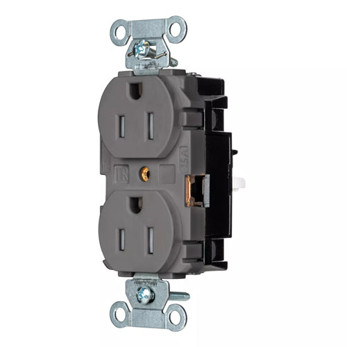 Hubbell BR15STGYTR, EdgeConnect Commercial Grade Duplex Receptacles, Tamper Resistant, Smooth Face, Screwless Terminal, 15A 125V, 5-15R, 2-Pole 3-Wire Grounding, Gray