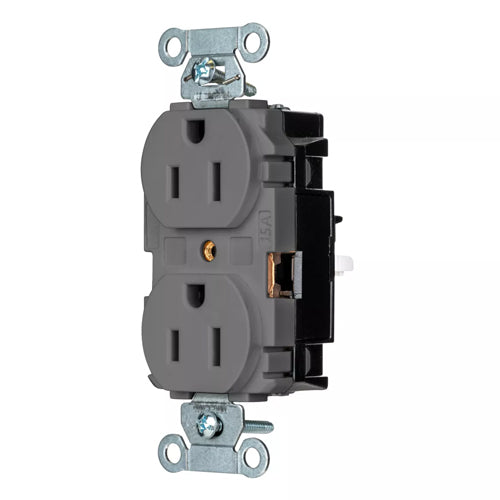 Hubbell BR15STGY, EdgeConnect Commercial Grade Duplex Receptacles, Smooth Face, Screwless Terminal, 15A 125V, 5-15R, 2-Pole 3-Wire Grounding, Gray