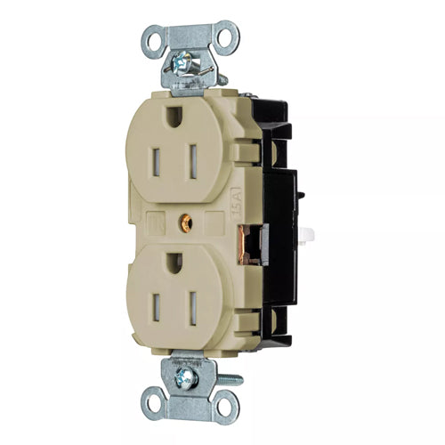 Hubbell BR15STITR, EdgeConnect Commercial Grade Duplex Receptacles, Tamper Resistant, Smooth Face, Screwless Terminal, 15A 125V, 5-15R, 2-Pole 3-Wire Grounding, Ivory