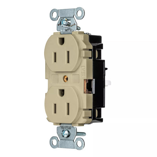 Hubbell BR15STI, EdgeConnect Commercial Grade Duplex Receptacles, Smooth Face, Screwless Terminal, 15A 125V, 5-15R, 2-Pole 3-Wire Grounding, Ivory