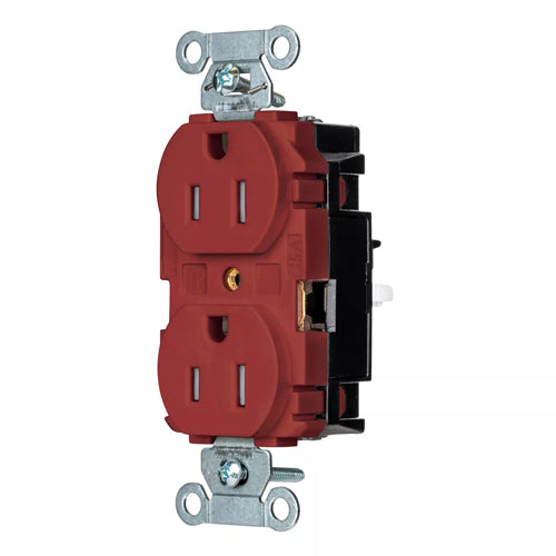 Hubbell BR15STRTR, EdgeConnect Commercial Grade Duplex Receptacles, Tamper Resistant, Smooth Face, Screwless Terminal, 15A 125V, 5-15R, 2-Pole 3-Wire Grounding, Red