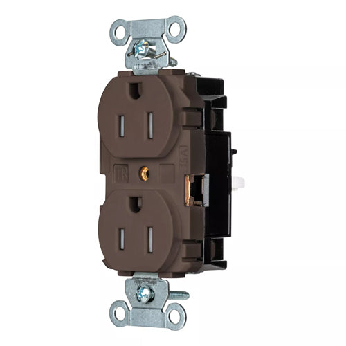 Hubbell BR15STTR, EdgeConnect Commercial Grade Duplex Receptacles, Tamper Resistant, Smooth Face, Screwless Terminal, 15A 125V, 5-15R, 2-Pole 3-Wire Grounding, Brown