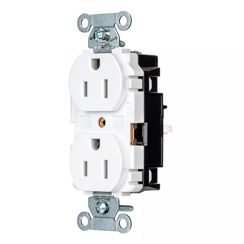 Hubbell BR15STW, EdgeConnect Commercial Grade Duplex Receptacles, Smooth Face, Screwless Terminal, 15A 125V, 5-15R, 2-Pole 3-Wire Grounding, White